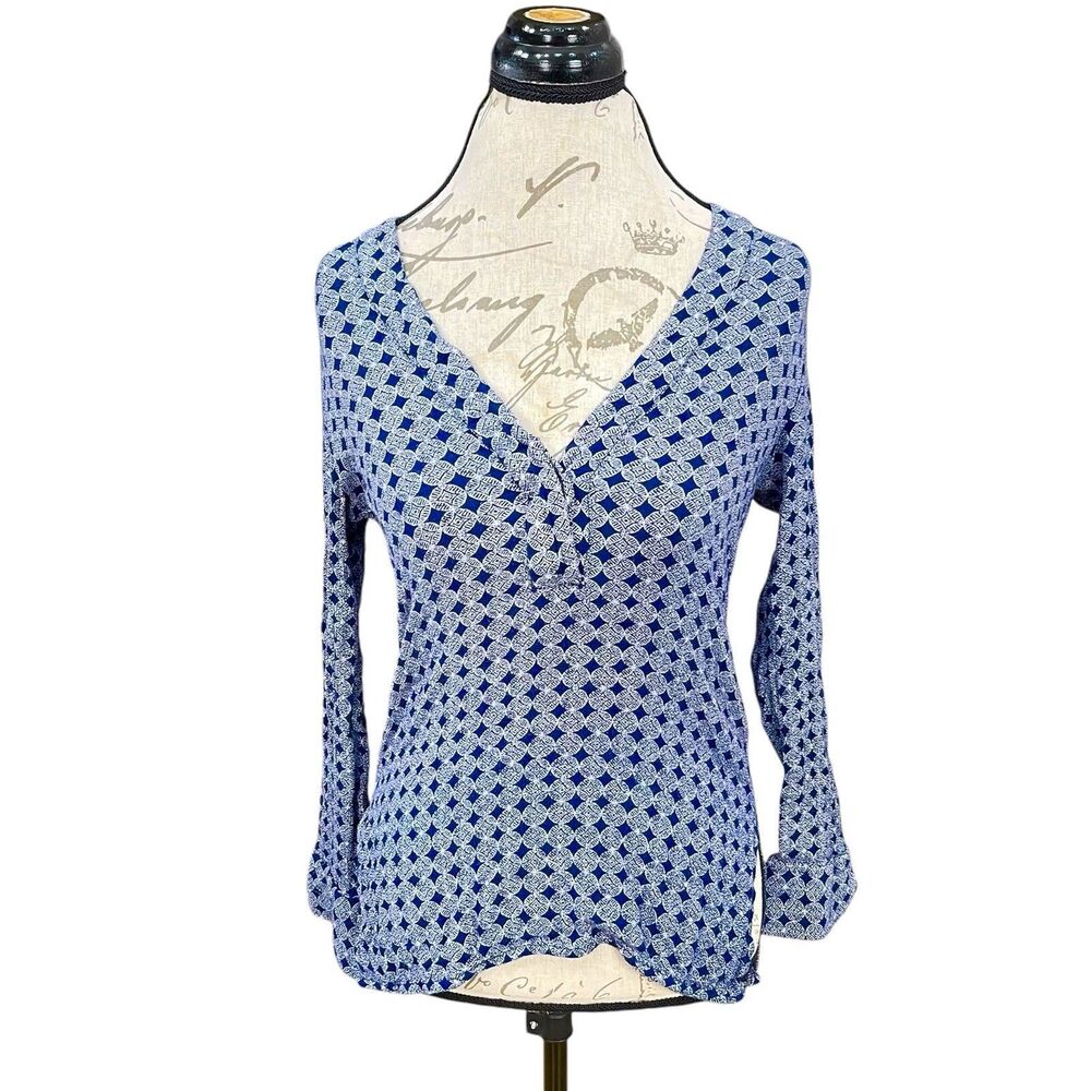 HM LOGG Women Size 6 Geometric Blouse Blue White V-Neck Long Sleeve Y2k Shirt
